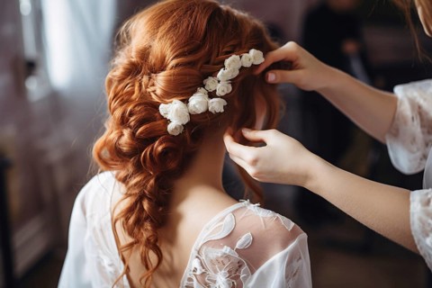Close up of hairstylist arranging beautiful elegant red haired bridal hairstyle with flowers. KI