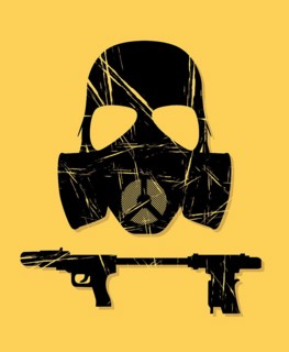 Flamethrower helmet and weapon, vector grunge effect