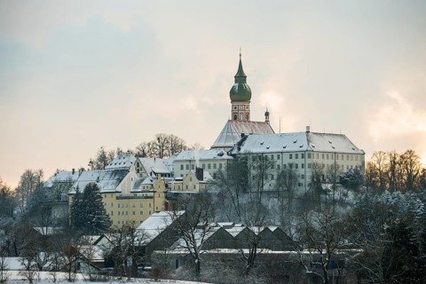 Andechs Monastery in winter, sunset, Fuenfseenland, Pfaffenwinkel, Upper Bavaria, Bavaria, Germany,