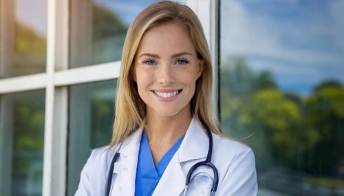 AI generated, A young pharmacist in her pharmacy, portrait, 30, 35, years, female, blonde, blond,