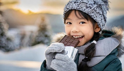 KI generated, Young girl, 10, years, eating a bar of chocolate, one person, outdoor shot, ice,