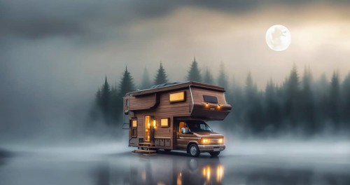 Camper van wooden motorhome, creative high-tech motorhome two-level in nature. Outdoor recreation,