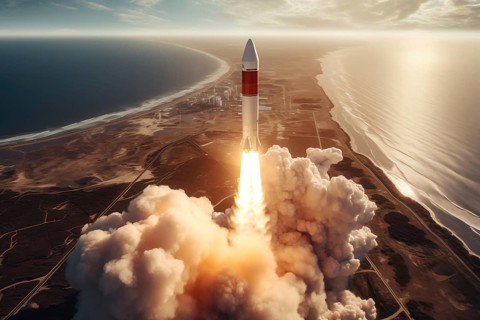 Aerial view of a rocket launch at sunrise sunset over an ocean coast. The rocket is blasting off