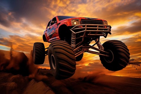 Monster truck driving and jumping outdoors amidst a cloud of dust. Thrill and adrenaline of an