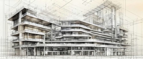 Blueprint featuring a modern building with a complex, curved design, horizontal aspect ratio, off