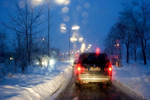 Poor visibility through the windshield in rain and snow, Munich, Bavaria, Germany, Europe