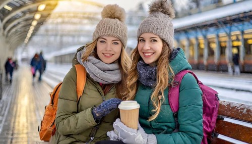 AI generated, Two young blonde woman want to travel and wait in the station for the train, 20, 25,
