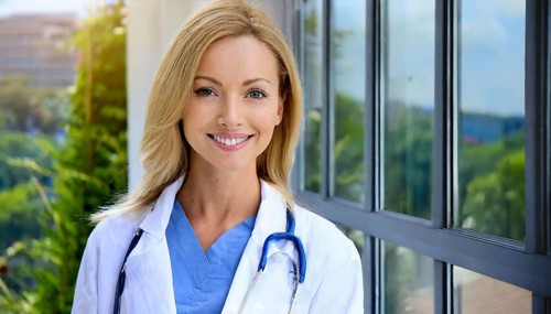 AI generated, A young pharmacist in her pharmacy, portrait, 30, 35, years, female, blonde, blond,