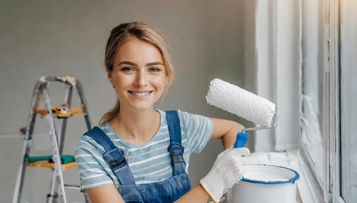 AI generated, woman, woman, a young girl paints a wall with new paint, white, whiter, white,