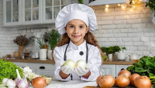 AI generated, human, humans, person, persons, child, children, 8 year old girl cutting onions in a