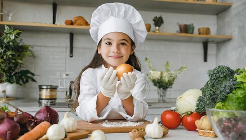 AI generated, human, humans, person, persons, child, children, 8 year old girl cutting onions in a