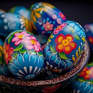 Easter celebration, featuring close up of a collection of brightly colored eggs, each intricately