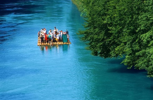 Wooden Raft on the Isar near Munich, Bavaria, Germany, Europe