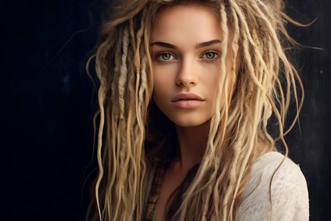 Portrait of young beautiful Caucasian woman with long blond dreadlocks. KI generiert, generiert AI