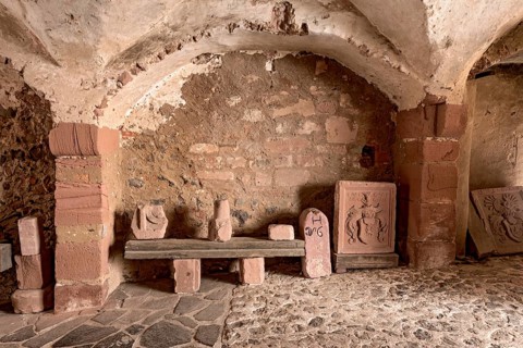 Architectural fragments of stone, remains, upper gate building, Ronneburg Castle, medieval knight's