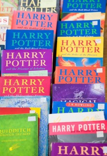 Harry Potter books on display at a car boot sale, UK