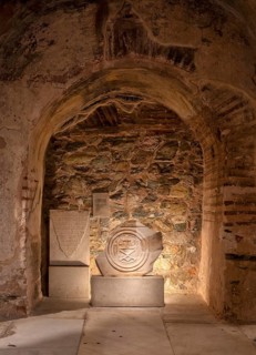 Interior view of the crypt, remains of the Roman baths, Hagios Demetrios church, also known as