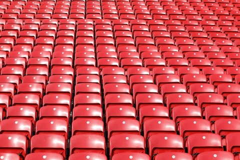 Red seats at Liverpool FC's Anfield Stadium, 02/03/2019