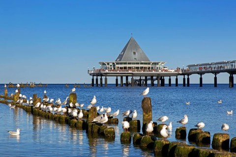 Heringsdorf Pier, Seebruecke Heringsdorf stretching out into the Baltic Sea on the island of