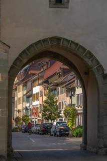 Old town of Dissenhofen on the Rhine, town gate, eaves houses, Frauenfeld district, Canton Thurgau,