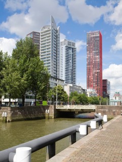 High rise office blocks and Red Apple residential apartments from Scheepmakers Haven, Rotterdam,