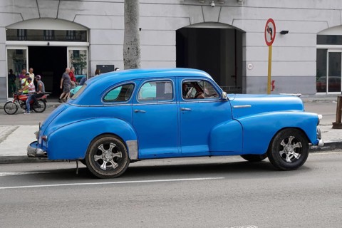 Vintage car from the 1950s, Vinales, Valle de Vinales, Pinar del Rio province, Cuba, Greater