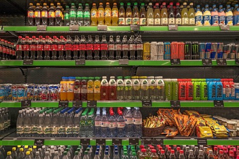 Beverage offer in a refrigerated counter of a petrol station, Bavaria, Germany, Europe