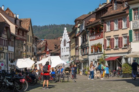 Stein am Rhein, historic old town, town hall square, inn, half-timbered houses, flower decorations,
