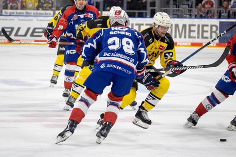 23.02.2024, DEL, German Ice Hockey League, 48th matchday) : Adler Mannheim (yellow jerseys) against