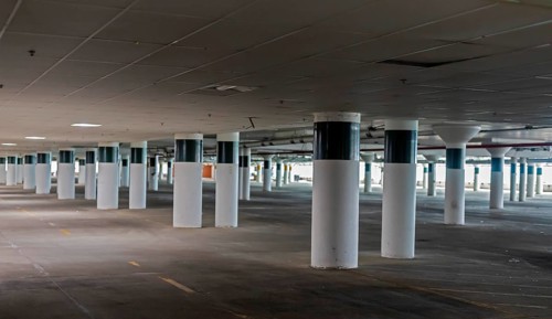 Detroit, Michigan, Pillars in the parking garage hold up the building at The Icon