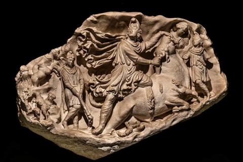 Relief of Mithras killing a bull, 19th century National Archaeological Museum, Villa Cassis