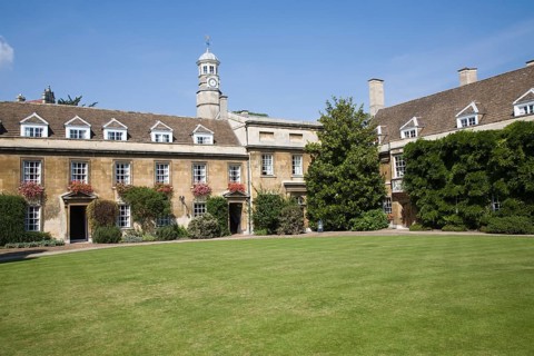 Historic First Court building and lawn, Christ's College, University of Cambridge, England, United