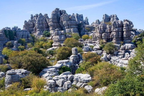 Dramatic limestone scenery of rocks shaped by erosion and weathering at El Torcal de Antequera