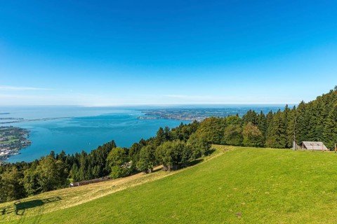 View from the Pfaender, 1064m, local mountain of Bregenz, to Lindau, Lake Constance, Vorarlberg,