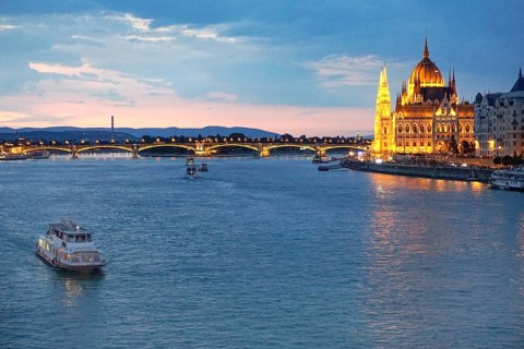View of the Danube and the parliament building on 20 July 2019