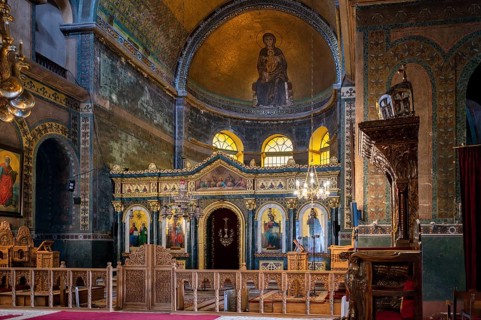 Interior view of Hagia Sofia church, also known as Agia Sofia, altar, chandelier, Thessaloniki,