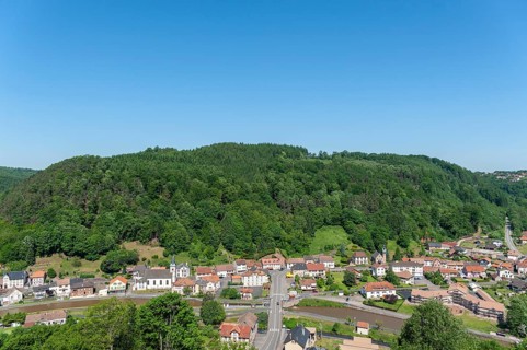 View from the ruins of Luetzelbourg to the village of Lutzelbourg with the Rhine-Marne Canal,