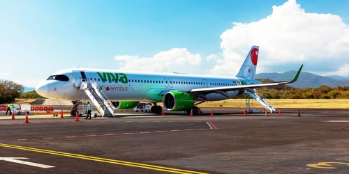 Aircraft of the airline Viva aerobus at the airport of Huatulco, Baja de Huatulco, South Pacific