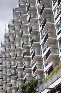 Geometric pattern formed by balconies of modern apartments in central Rotterdam, Netherlands