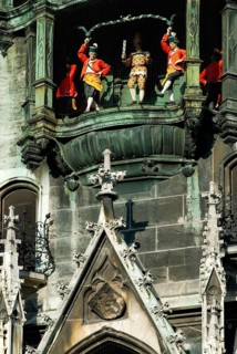 Clock tower chimes, carillon of the new town hall at Marienplatz, Mary's square, Munich, Bavaria,