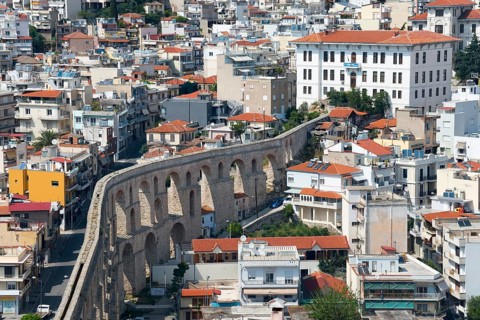 Roman aqueduct running through a modern urban area, view from the fortress, Kavala, Dimos Kavalas,