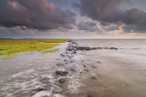 Landscape photography along the North Sea coast at high tide, Querfotmat, evening light, landscape