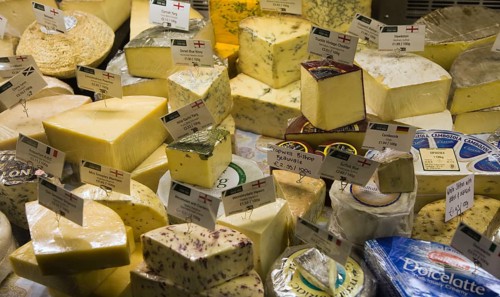 Varieties of cheese high quality food on display at Suffolk Food Hall, Wherstead, Suffolk, England,