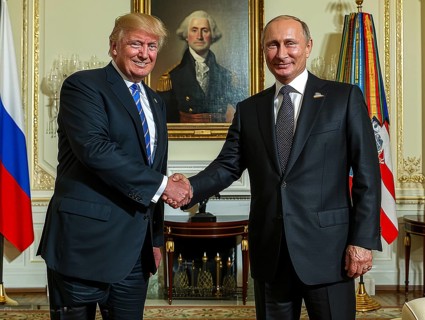 Russian President Vladimir Putin stands with USA President Donald Trump. AI generated