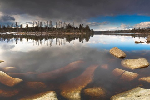 View over the Harz Oderteich in winter, dam, landscape format, evening light, landscape
