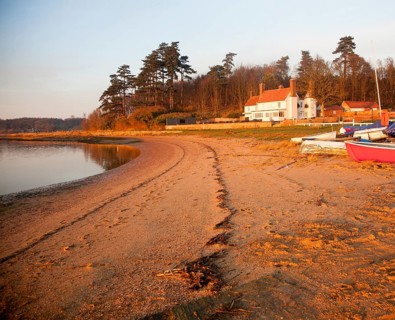 The Ramsholt Arms public house in late afternoon winter sunshine by the River Deben, Suffolk,