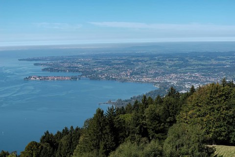 View from the Pfaender, 1064m, local mountain of Bregenz, to Lindau, moated castle, Langenargen,