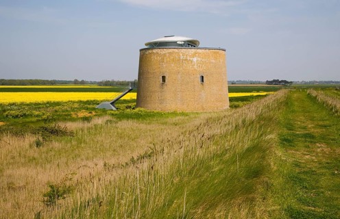 Martello tower in marshes converted to house, Bawdsey, Suffolk, England, United Kingdom, Europe