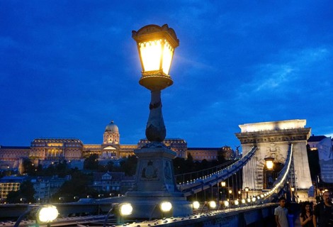 Chain Bridge in Budapest at the blue hour, in the background the Castle Palace, 21.07.2019