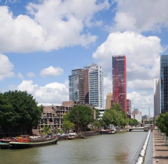 High rise office blocks and Red Apple residential apartments from Scheepmakers Haven, Rotterdam,